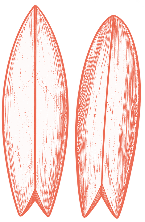 Palmeras y tablas de surf en grabado